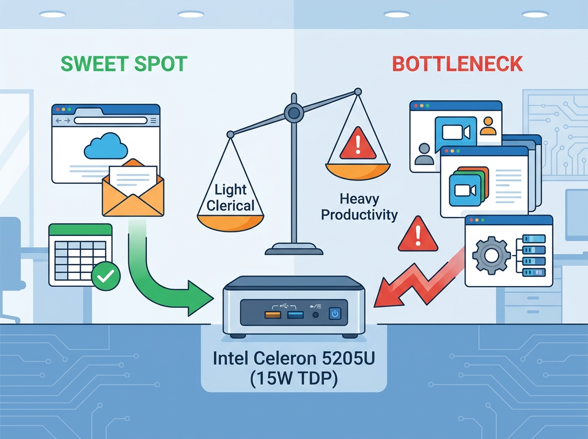 Confronto tra mini PC Intel Celeron 5205U e desktop tradizionali in una configurazione di ufficio